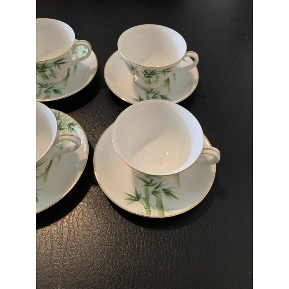 6 Noritake Toki Kaisha Footed Cup and Saucer Sets Green Bamboo Pattern 1960s Vtg - Picture 4 of 12